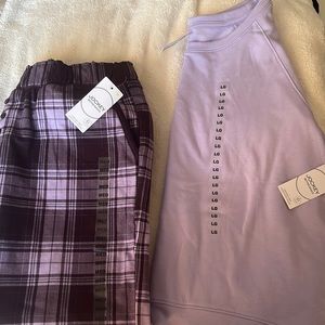 Jockey PJ set. Includes lilac sweatshirt (Large) and purple plaid pants (medium)
